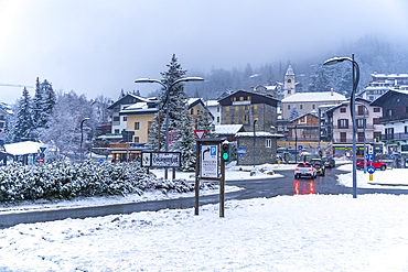 View of snow covered town centre in winter, Courmayeur, Aosta Valley, Italy, Europe