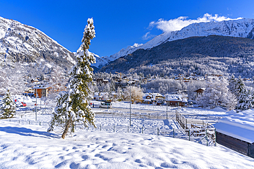 View of snow covered trees, mountains and Courmayeur from Dolonne during winter, Courmayeur, Aosta Valley, Italy, Europe