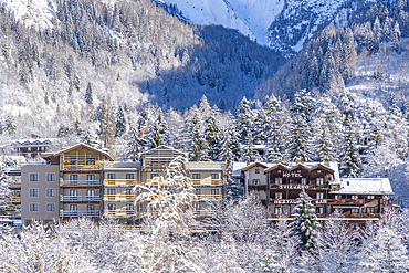 View of snow covered trees, mountains and Courmayeur from Dolonne during winter, Courmayeur, Aosta Valley, Italy, Europe