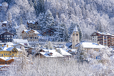 View of snow covered trees, mountains and Courmayeur from Dolonne during winter, Courmayeur, Aosta Valley, Italy, Europe