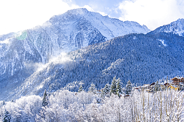 View of snow covered chalets, trees and mountains from Dolonne during winter, Courmayeur, Aosta Valley, Italy, Europe