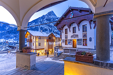 View of Piazza Abbé Henry from Church of Saint Pantalon at dusk, Courmayeur, Aosta Valley, Italy, Europe