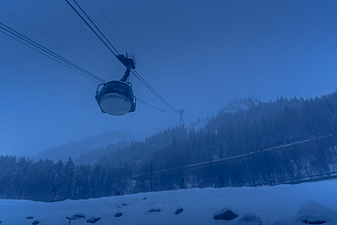 View of Skyway Monte Bianco cable car and snow covered mountain from Entrèves during winter, Entrèves, Aosta Valley, Italy, Europe