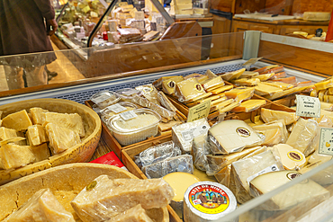 View of cheese shop window in Courmayeur, Courmayeur, Aosta Valley, Italy, Europe