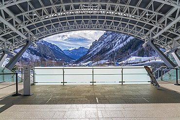 View of snow covered Aosta Valley and mountains from Skyway Monte Bianco station in winter, Courmayeur, Aosta Valley, Italy, Europe