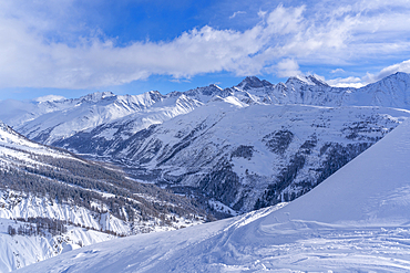 View of snow covered Aosta Valley from Pavillon du Mont Fréty in winter, Courmayeur, Aosta Valley, Italy, Europe