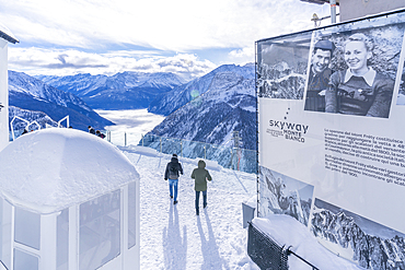 View of snow covered Aosta Valley from refuge cabin at Pavillon du Mont Fréty in winter, Courmayeur, Aosta Valley, Italy, Europe