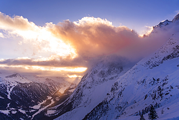 View of snow covered Aosta Valley and mountains from Pavillon du Mont Fréty in winter, Courmayeur, Aosta Valley, Italy, Europe