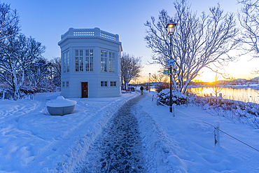 View of the Pavilion in the city centre of Reykjavík at sunset during winter, Reykjavík, Iceland, Europe