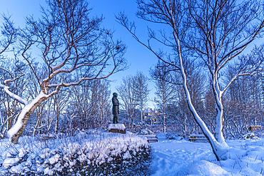 View of the Jónas Hallgrímsson statue (1807-1845) in the city centre of Reykjavík at sunset during winter, Reykjavík, Iceland, Europe