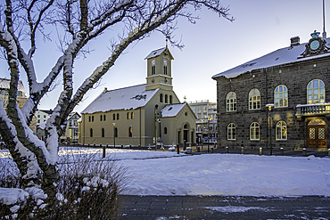 View of Reykjavik Cathedral from Austurvollur park and gardens on a sunny day in winter, Reykjavik, Iceland