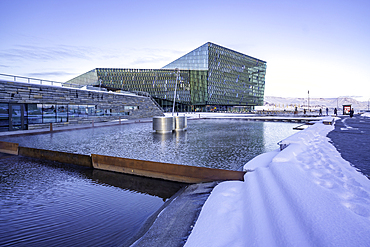 View of Harpa Concert Hall and Conference Centre in the city centre during winter, Reykjavik, Iceland, Europe