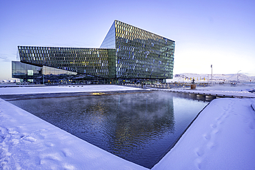 View of Harpa Concert Hall and Conference Centre in the city centre during winter, Reykjavik, Iceland, Europe