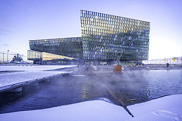 View of Harpa Concert Hall and Conference Centre in the city centre during winter, Reykjavik, Iceland, Europe