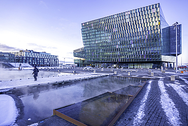 View of Harpa Concert Hall and Conference Centre in the city centre during winter, Reykjavik, Iceland, Europe