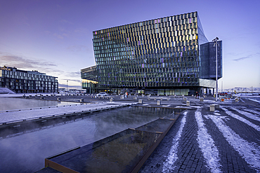 View of Harpa Concert Hall and Conference Centre in the city centre during winter, Reykjavik, Iceland, Europe