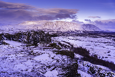 View of continental drift between the North American and Eurasian tectonic plates in Thingvellir National Park during winter, Western Region, Iceland, Europe