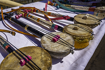 View of musical instrument souvenirs on display at Temple at Philae on a sunny day, Aswan, Nubia, Egypt, North Africa, Africa