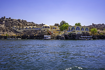Onboard boat trip to at Temple at Philae on a sunny day, Aswan, Nubia, Egypt, North Africa, Africa