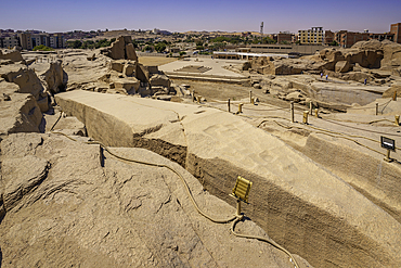 View of Unfinished Obelisk in Aswan quarry on a sunny day, Aswan, Nubia, Egypt, North Africa, Africa