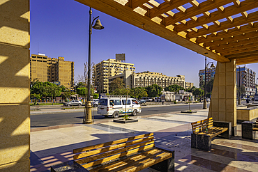 View of buildings on the Nile river promenade on a sunny day, Aswan, Nubia, Egypt, North Africa, Africa