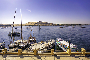 View of fellucas on the Nile river on a sunny day, Aswan, Nubia, Egypt, North Africa, Africa