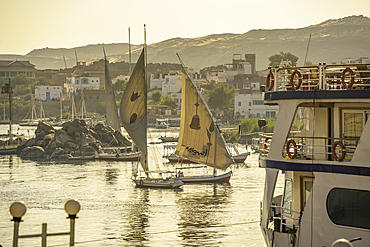 View of fellucas on the Nile river during golden hour, Aswan, Nubia, Egypt, North Africa, Africa