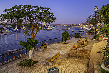 View of fellucas on the Nile river from Feryal Garden at dusk, Aswan, Nubia, Egypt, North Africa, Africa