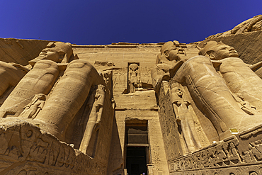 Exterior view of relief mural of Ebsambul or Isambul at the Abu Simbel Temple next to Lake Nasser, Temple of the Pharaohs, Ramses II, Nubia, Egypt, Africa