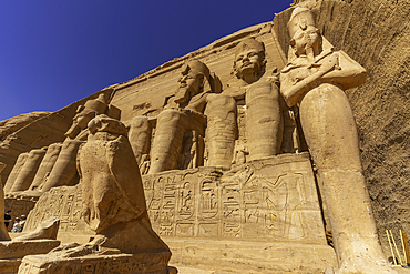 Exterior view of tourists and massive sculptures at the Abu Simbel Temple next to Lake Nasser, Temple of the Pharaohs, Ramses II, Nubia, Egypt, Africa