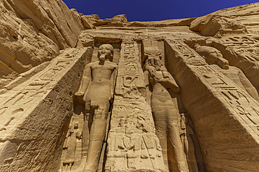 Exterior view of massive sculptures at the Temple of Hathor, Abu Simbel Temple next to Lake Nasser, Temple of the Pharaohs, Ramses II, Nubia, Egypt, Africa