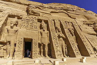 Exterior view of massive sculptures at the Temple of Hathor, Abu Simbel Temple next to Lake Nasser, Temple of the Pharaohs, Ramses II, Nubia, Egypt, Africa