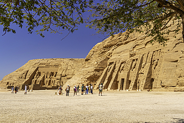 Exterior view of massive sculptures at the Temple of Hathor, Abu Simbel Temple next to Lake Nasser, Temple of the Pharaohs, Ramses II, Nubia, Egypt, Africa