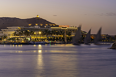 View of fellucas on the Nile river during sunset, Aswan, Nubia, Egypt, North Africa, Africa