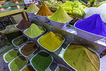 View of spice and herb stall in Aswan Old Souks, Aswan, Nubia, Egypt, Africa