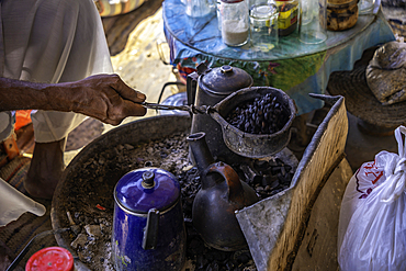 View of coffee making at Star Coffe Nubian on the Nile river near Aswan, Aswan, Nubia, Egypt, North Africa, Africa
