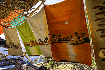 View of colourful souvenirs at Star Coffe Nubian on the Nile river near Aswan, Aswan, Nubia, Egypt, North Africa, Africa