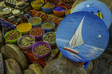 View of spice stall and shop in Luxor Souk, Luxor, Egypt, Africa