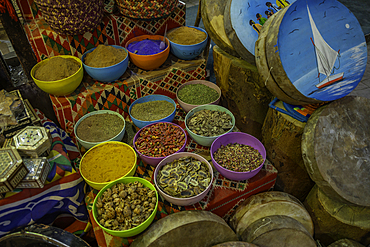 View of spice stall and shop in Luxor Souk, Luxor, Egypt, Africa