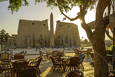 View of Luxor Temple and cafe during golden hour, Luxor, Egypt, Africa