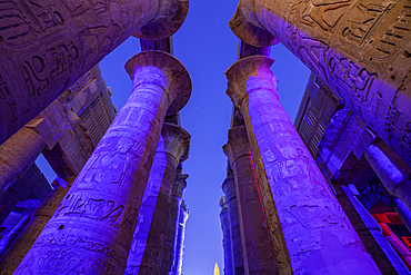 View of Karnak Temple sound and light show at dusk, Luxor, Egypt, Africa