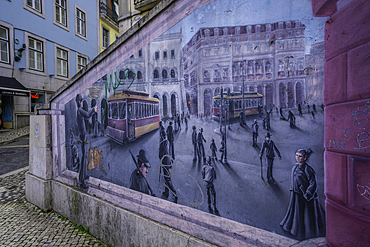 View of wall painting depicting city life in Lisbon city centre, Lisbon, Portugal, Europe