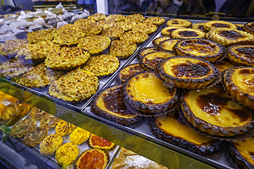 View of Pastel de Nata custard tarts in shop window in Lisbon city centre, Lisbon, Portugal, Europe