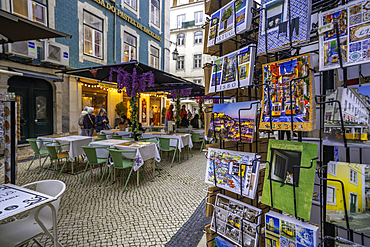 View of cafe and postcards in Lisbon city centre, Lisbon, Portugal, Europe