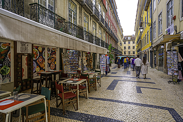 View of cafe and streetscene in Lisbon city centre, Lisbon, Portugal, Europe