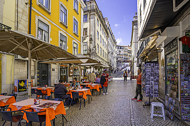 View of shops and cafes in Lisbon city centre, Lisbon, Portugal, Europe