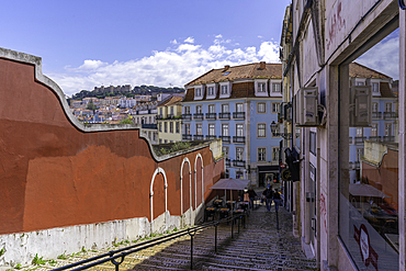 View of cafe and steps in Lisbon city centre, Lisbon, Portugal, Europe