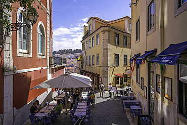 View of cafe and steps in Lisbon city centre, Lisbon, Portugal, Europe