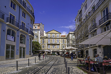 View of cafe and restaurant in city centre, Lisbon, Portugal, Europe