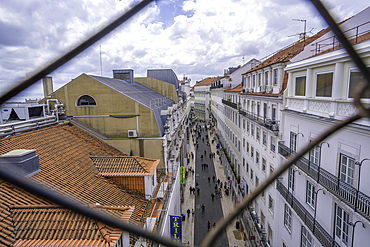 View of city street from Santa Justa Lift on a sunny day, Lisbon, Portugal, Europe